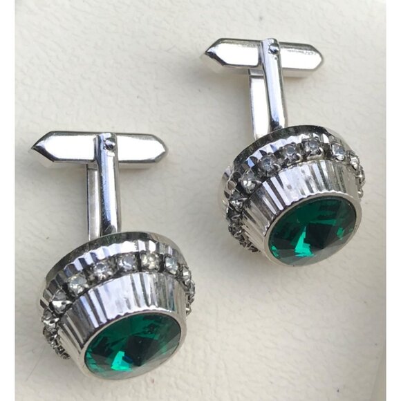 Vintage Cufflinks Silver Tone Green Rhinestone Pair St Patricks Day Wedding Form - Picture 3 of 7